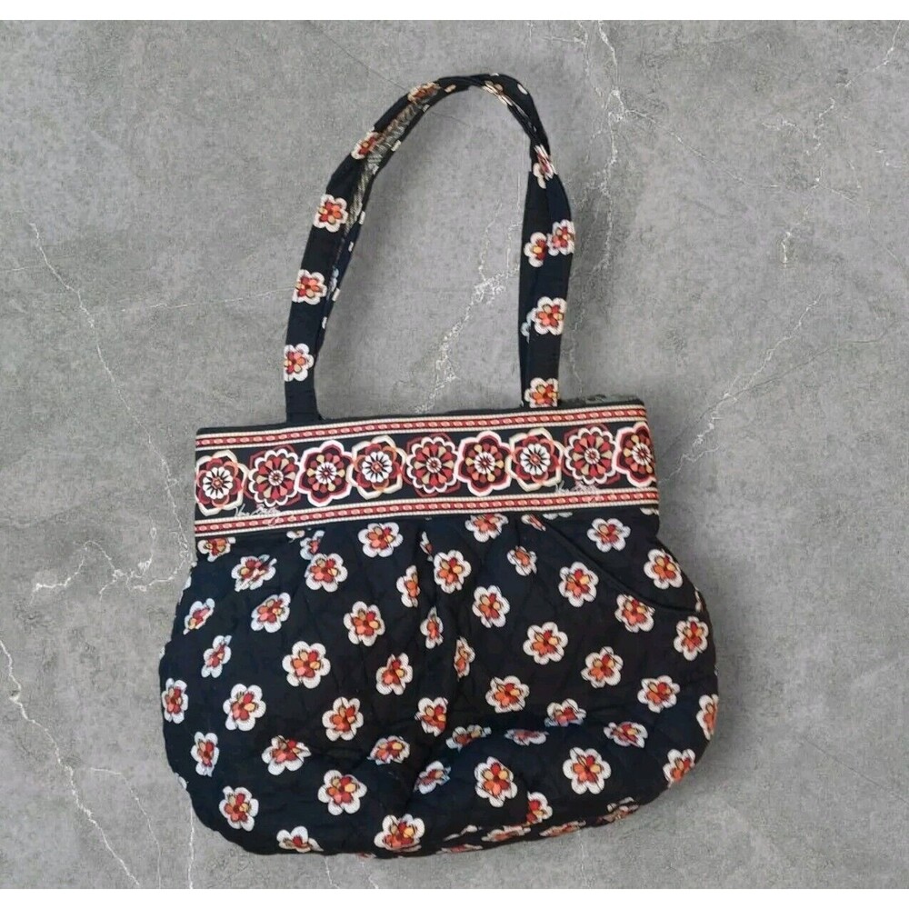 Vera Bradley Quilted Black Floral Shoulder Bag Purse Tote Zip Closure Pockets